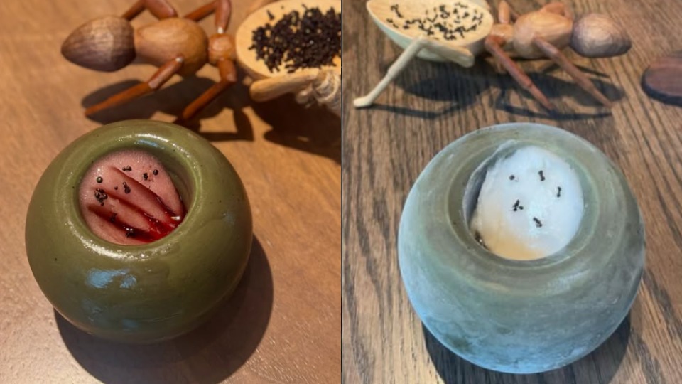 A composite of two photos of a icecream dishes.