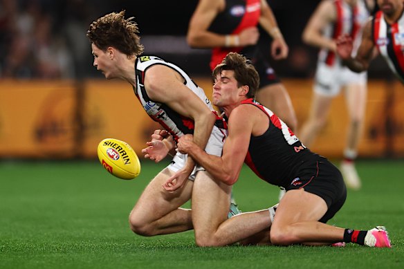 Mattaes Phillipou is tackled by Sam Durham.