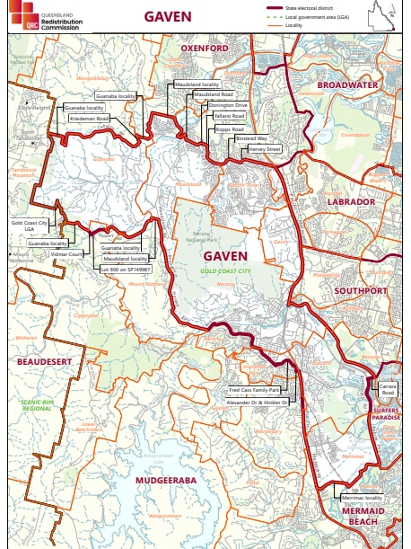 A map of the gaven electorate, with boundaries highlighted in red.