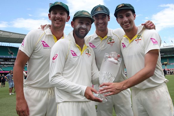 Still together after all these years: Australian bowlers Josh Hazlewood, Nathan Lyon, Mitchell Starc and Pat Cummins in 2018.