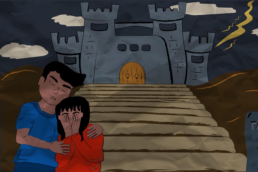 Two people hug at the bottom of steps leading to a castle