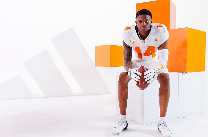 Tennessee Athletics photo / Tennessee redshirt sophomore receiver Braylon Staley displays the new white Adidas football uniforms.