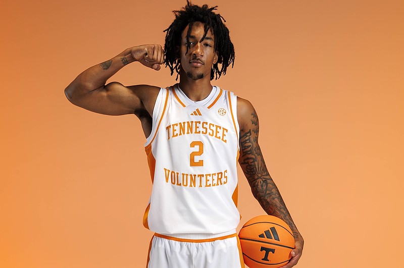Tennessee Athletics photo / Tennessee junior guard and Wake Forest transfer Juke Harris wears the new white Adidas basketball uniforms.