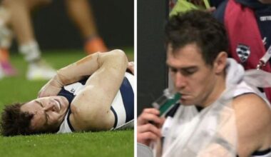 AFL 2026: Geelong’s Jeremy Cameron in wheelchair with broken collarbone after brutal vs GWS Giants