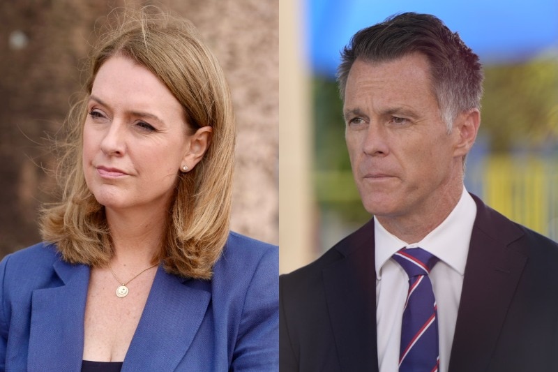 Composite of Kellie Sloane and Chris Minns up close, staring to the left at separate press conferences.