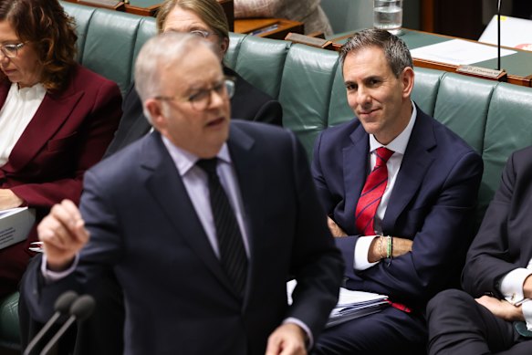Prime Minister Anthony Albanese and Treasurer Jim Chalmers during question time at Parliament House in Canberra in June.