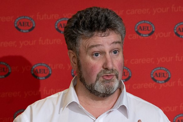 Australian Education Union Victorian president Justin Mullaly speaks to the media on Tuesday.