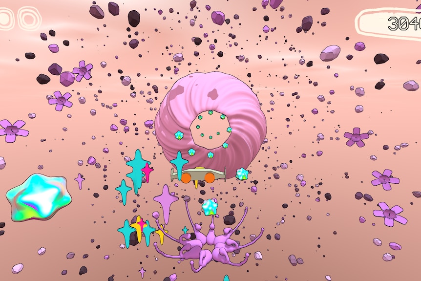 A pink and pastel world in a video game.
