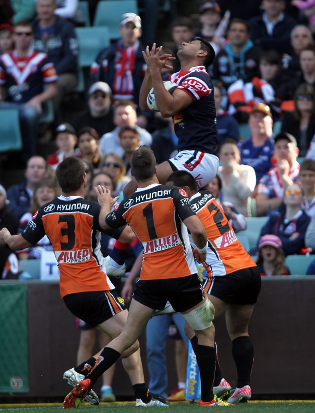 Daniel Tupou served notice of his aerial ability with a hat-trick against Wests Tigers in his second NRL game in 2025.