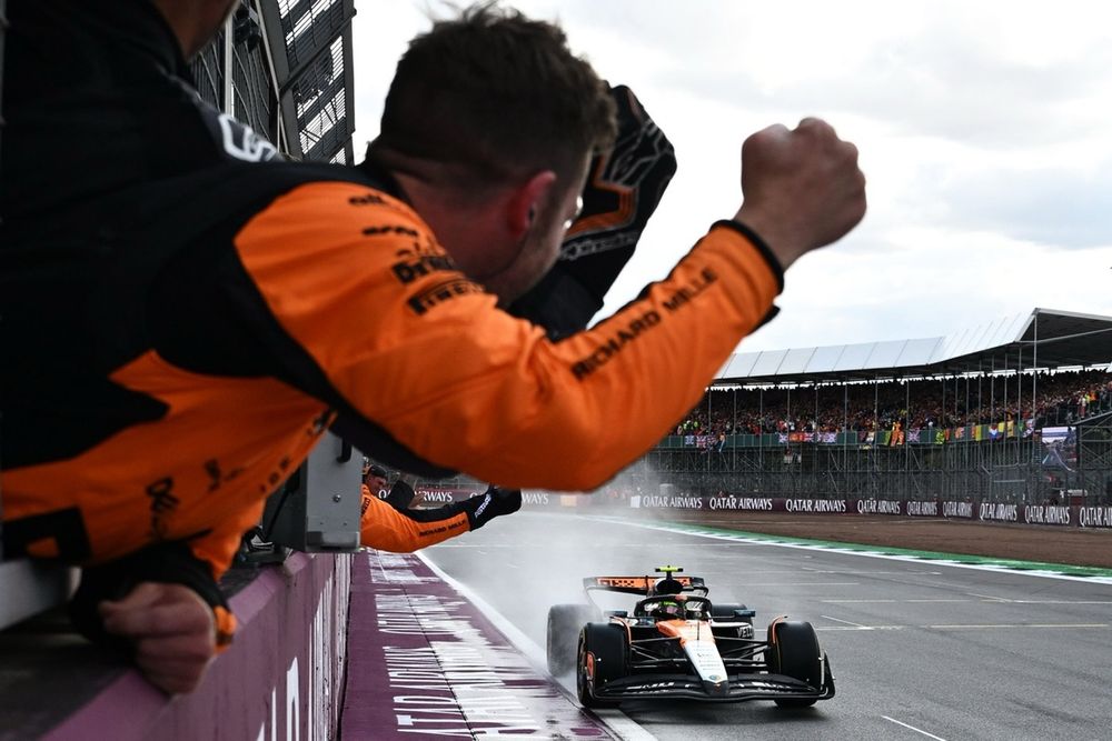 Norris seized his chance 
to win at a wet-dry Silverstone last year