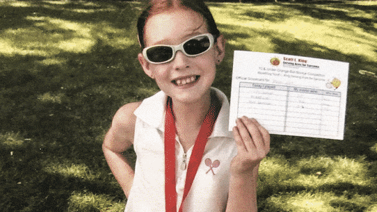 Maya Joint at age 7, after winning her first tournament, and on Tuesday (AEST) celebrating her win over Serena Williams at Wimbledon.