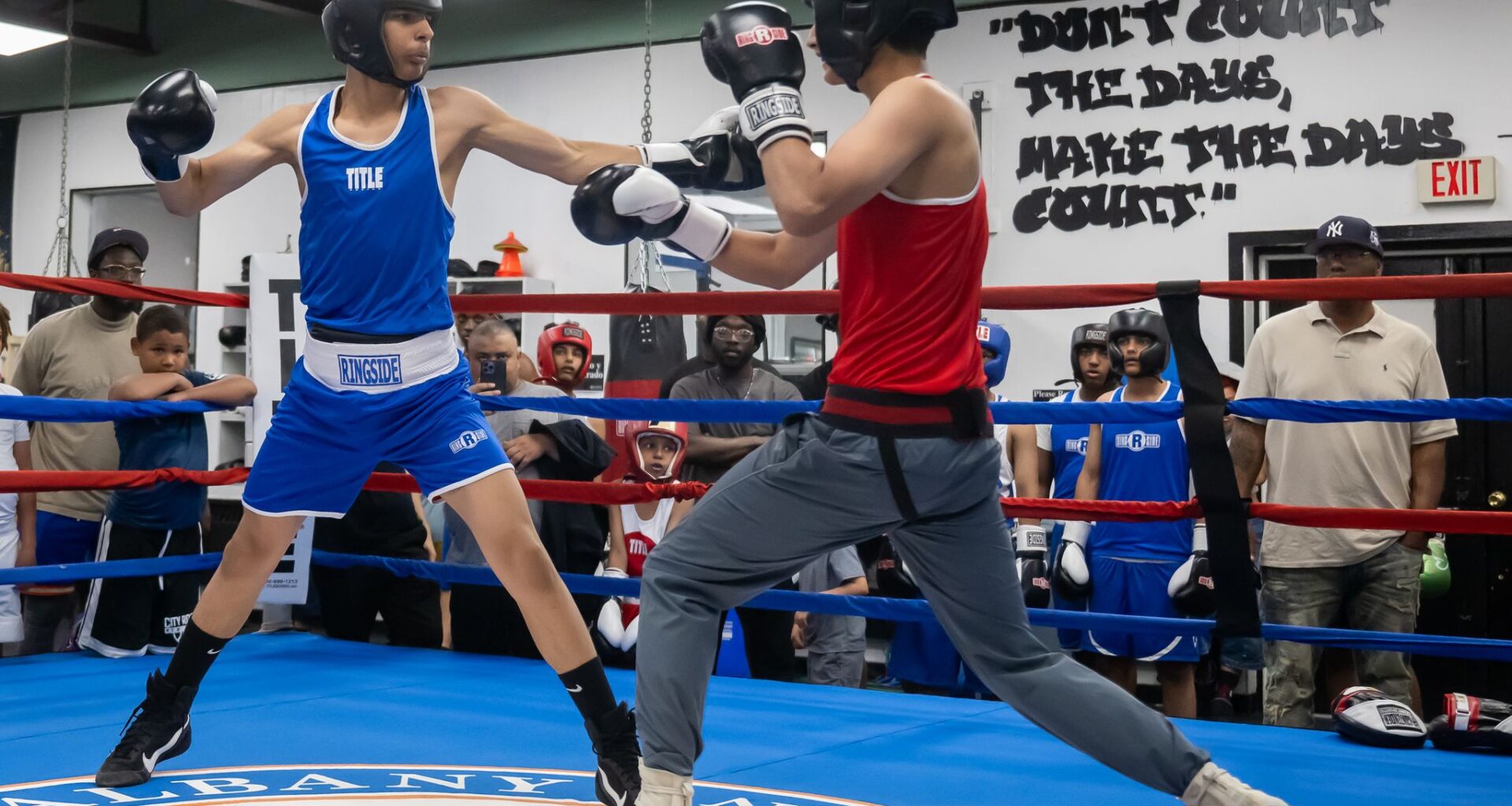 Stephane Kelly and Jesiah Cartwright spar during the grand re-opening of the Quail Street Boxing Gym on Tuesday, June 30, 2026, in Albany, NY. (Jim Franco/Times Union)