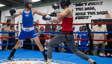 Stephane Kelly and Jesiah Cartwright spar during the grand re-opening of the Quail Street Boxing Gym on Tuesday, June 30, 2026, in Albany, NY. (Jim Franco/Times Union)