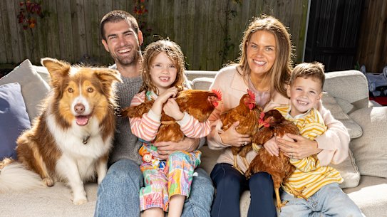 Former Western Bulldogs captain Easton Wood, 10 years on from the Dogs’ flag and five years since he hung up the boots. With his wife Tiff, kids Tilly and Freddy, dog Murphy (named after Bob), and their three chickens (Chickeny, Aimme and Pearl. 