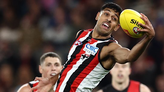 Nasiah Wanganeen-Milera of the Saints marks the ball.