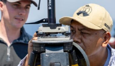 A man peering closely at a surveying instrument