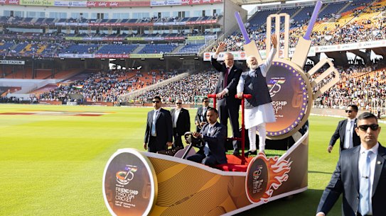 Anthony Albanese on a chariot with Indian Prime Minister Narendra Modi before the fourth test in Ahmedabad in 2023.