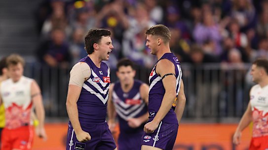 Jordan Clark of the Dockers celebrates the teams first goal in the third quarter