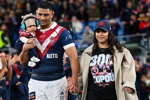 Daniel Tupou walks out for his 300th NRL match.