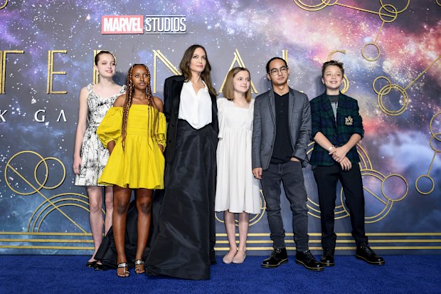 Shiloh Jolie, Zahara Jolie, Angelina Jolie, Vivienne Jolie, Maddox Jolie and Knox Jolie attending the UK Gala screening of Marvel Studios' "Eternals" at BFI IMAX Waterloo on October 27, 2021 in London, England.