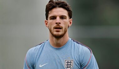 July 4, 2026, Mexico City, Mexico: Declan Rice of the England looks on during the training session one day ahead of the FIFA World Cup 2026 round of 16 match between Mexico and England at Pumas La Cantera training center on July 04, 2026 in Mexico City, Mexico. Photo: Heuler Andrey/DiaEsportivo (Cal Sport Media via AP Images)
