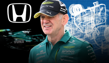 Adrian Newey is pictured smiling to a backdrop of an Aston Martin car and a Honda engine