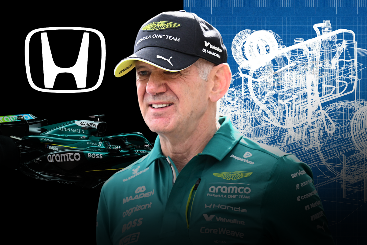 Adrian Newey is pictured smiling to a backdrop of an Aston Martin car and a Honda engine