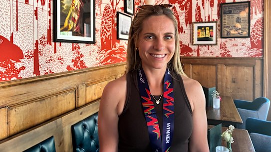 Sophie Molineux celebrates at a London pub the day after her team’s victory in the Women’s T20 World Cup. 