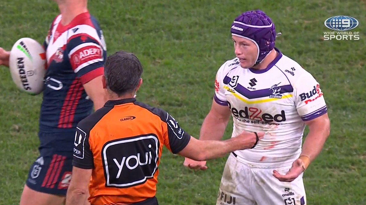 NRL news 2026: Melbourne Storm hooker Harry Grant penalised for ball strip on Sydney Roosters rake Reece Robson; Paul Gallen, Phil Gould blow up