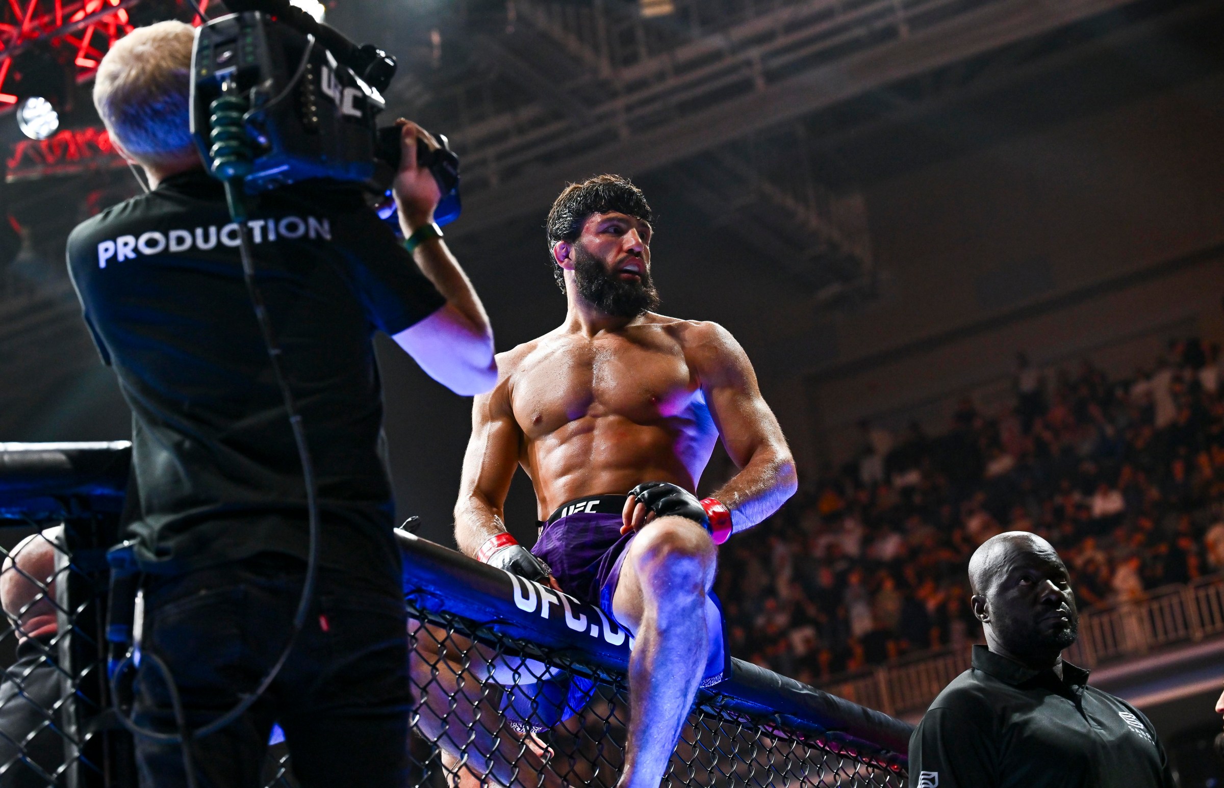 Arman Tsarukyan of Georgia reacts after a victory against Dan Hooker of New Zealand in a lightweight bout during the UFC Fight Night event at Ali Bin Hamad Al Attiyah Arena (ABHA Arena) in Doha, Qatar, on November 22, 2025. (Photo by Noushad Thekkayil/NurPhoto via Getty Images)