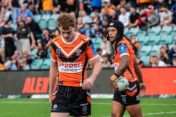 Lachlan Galvin and Jarome Luai at the Tigers in April 2025.
