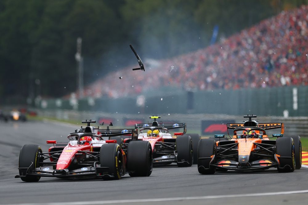 Oscar Piastri sustained damage after being squeezed by Charles Leclerc.