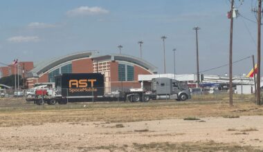 A large crate for the AST BlueBird satellites, framed against Midland International Airport terminal, last fall. AST and MDC are executing an economic development agreement leasing 23 acres of city property to AST for a 400,000 manufacturing facility that could ultimately hold at least 1,800 employees.