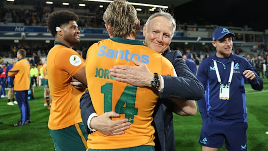 Schmidt hugs Max Jorgensen after the Italy Test.