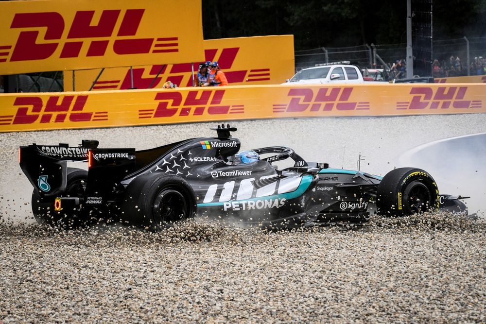 Contact with Lewis Hamilton ended George Russell's race on lap 1.
