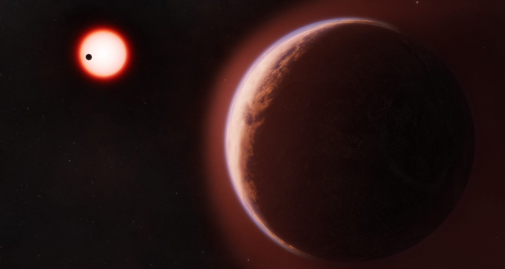 A rocky exoplanet orbits a bright red star in the dark expanse of space, with a small planet visible nearby.