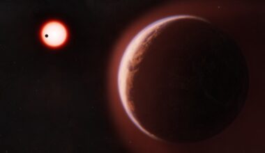 A rocky exoplanet orbits a bright red star in the dark expanse of space, with a small planet visible nearby.