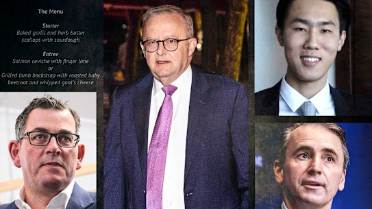 Anthony Albanese, Felix Lee, CBA chief Matt Comyn, the menu from the dinner and Daniel Andrews.