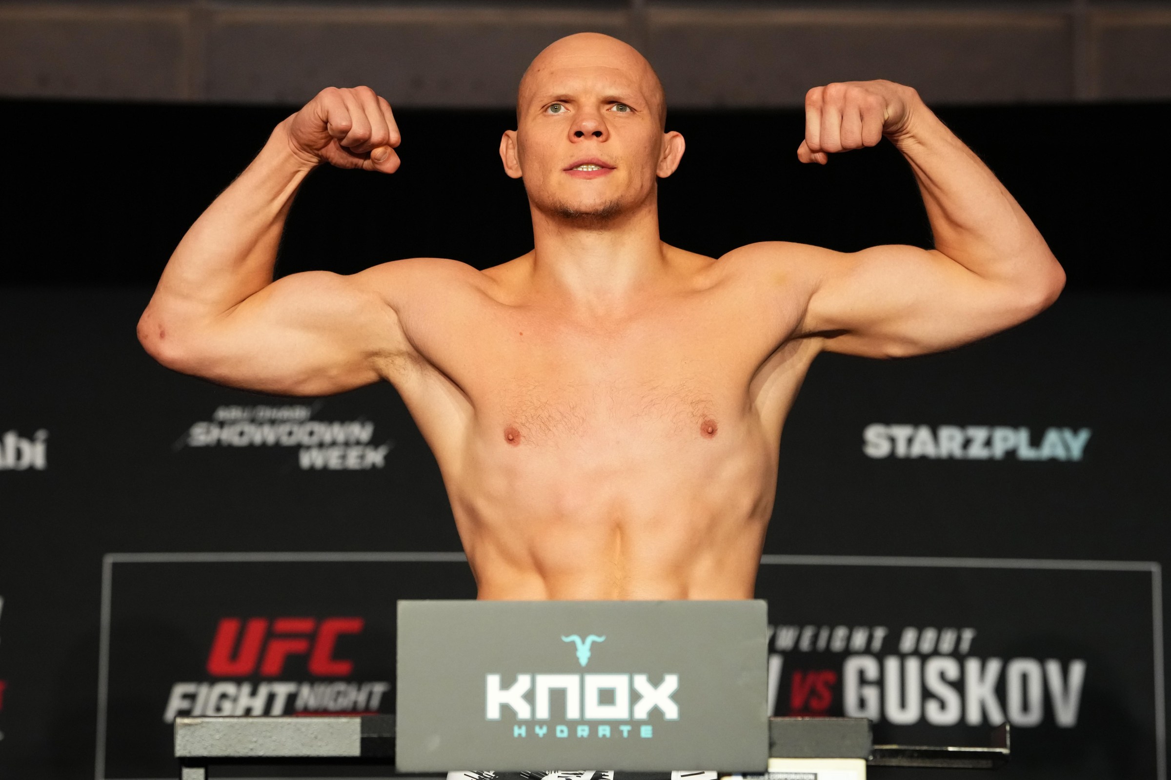 ABU DHABI, UNITED ARAB EMIRATES - JULY 24: Bogdan Guskov of Uzbekistan poses on the scale during the UFC Fight Night official weigh-in at the Hilton Yas Island on July 24, 2026 in Abu Dhabi, United Arab Emirates. (Photo by Josh Hedges/Zuffa LLC)