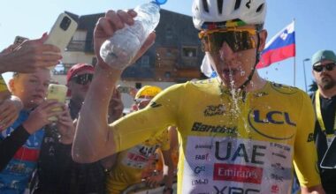 Slovenia's Tadej Pogacar celebrates after winning the 19th stage of the Tour in Alpe d'Huez. Photo: AP PHOTO
