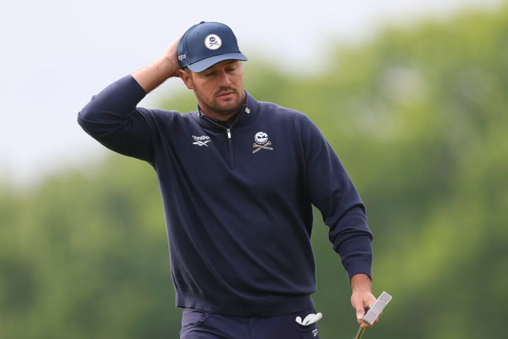 Bryson DeChambeau of the United States reacts after a putt on the 13th green during the first round of the PGA Championship at Aronimink Golf Club