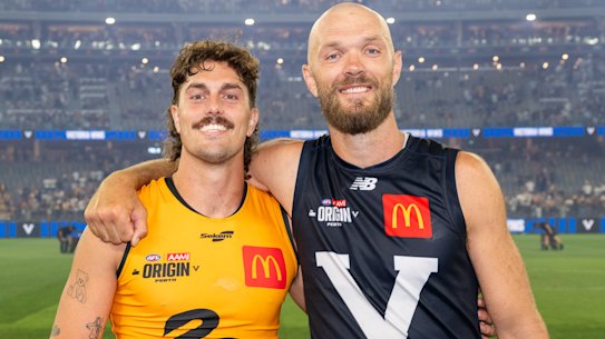 Max Gawn (right) and his former Melbourne teammate Luke Jackson, now with Fremantle, after the game.