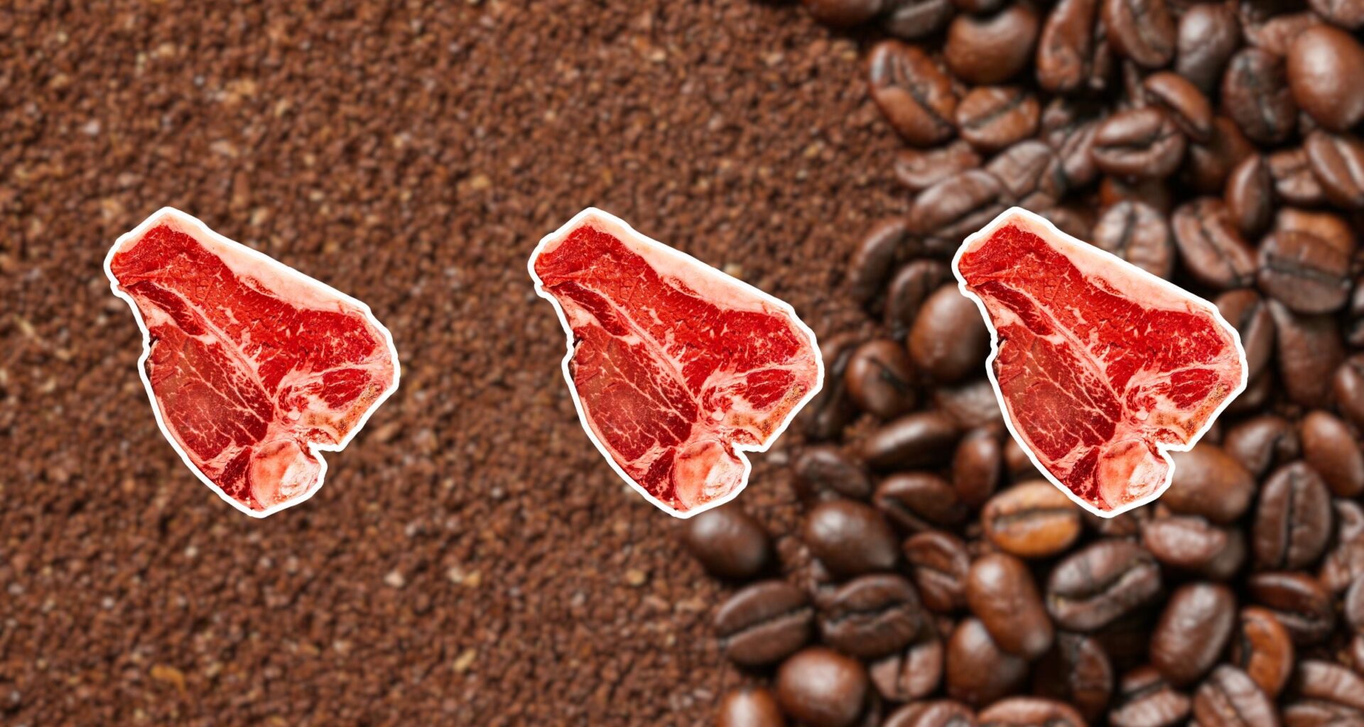 Steak on a coffee ground background to represent protein coffee trend aka proffee