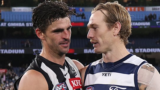 Two of modern footy’s great warriors: Collingwood champion Scott Pendlebury and Geelong star Tom Stewart.