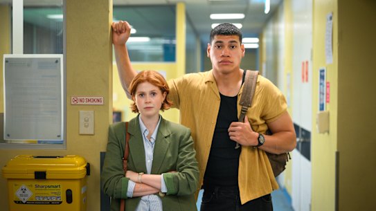 Lola Bond as Ellie O’Neill and Ioane Sa’ula as Jimmy Seufale in The F Ward.
