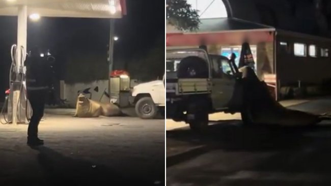 Neil attempts to crush car in Tasmanian petrol station.