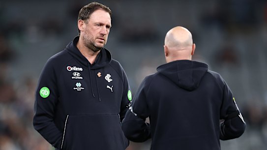 Interim coach Josh Fraser with Carlton’s football general manager Chris Davies.