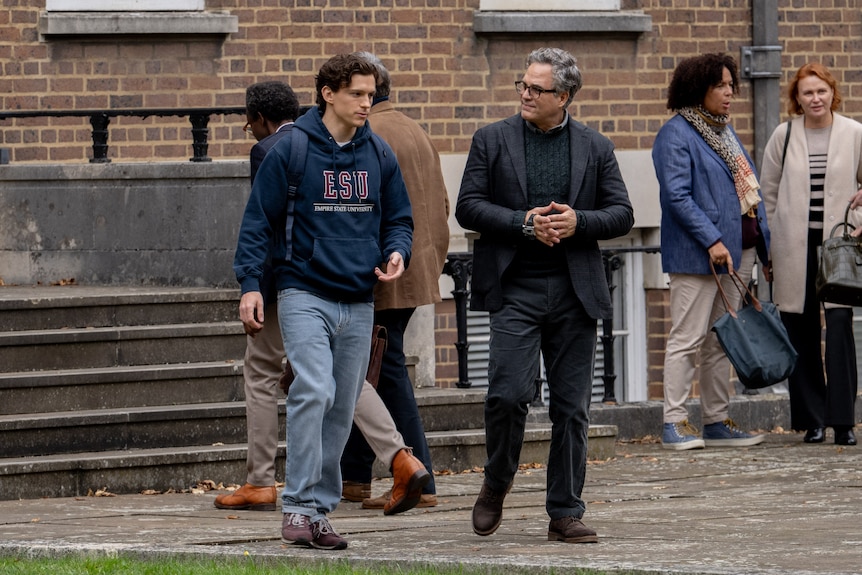 Peter Parker walking with Bruce Banner