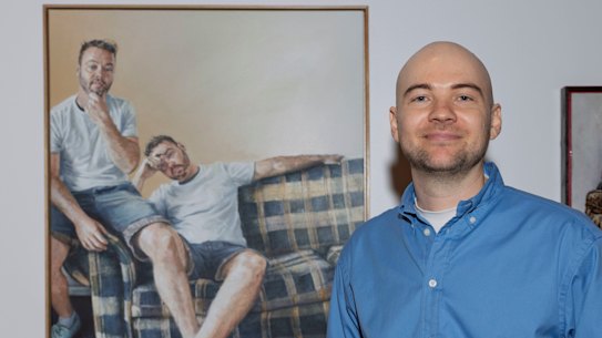 Brisbane based artist Gus Eagleton with his piece ‘In the Studio with Fintan Magee’, awarded this year’s Brisbane Portrait Prize winner.