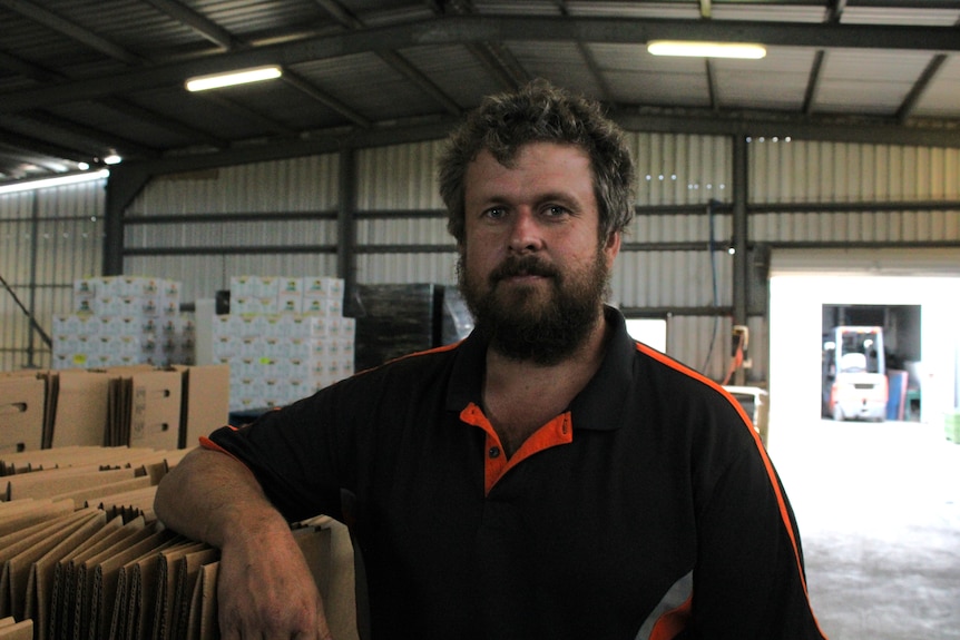 A vegetable farmer in his packing shed.